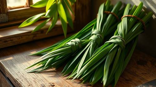 Feuilles de pandan vertes, longues et nouées, prêtes à être utilisées en cuisine